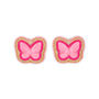 A pair of butterfly-shaped embellishments with a glossy pink center, surrounded by a border of pink and white beads with gold metallic accents, set against a plain white background.