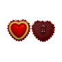 Two heart-shaped embroidered brooches shown side by side on a plain white background. The left brooch is front-facing, featuring a bright red center heart surrounded by yellow and red embroidered borders.
