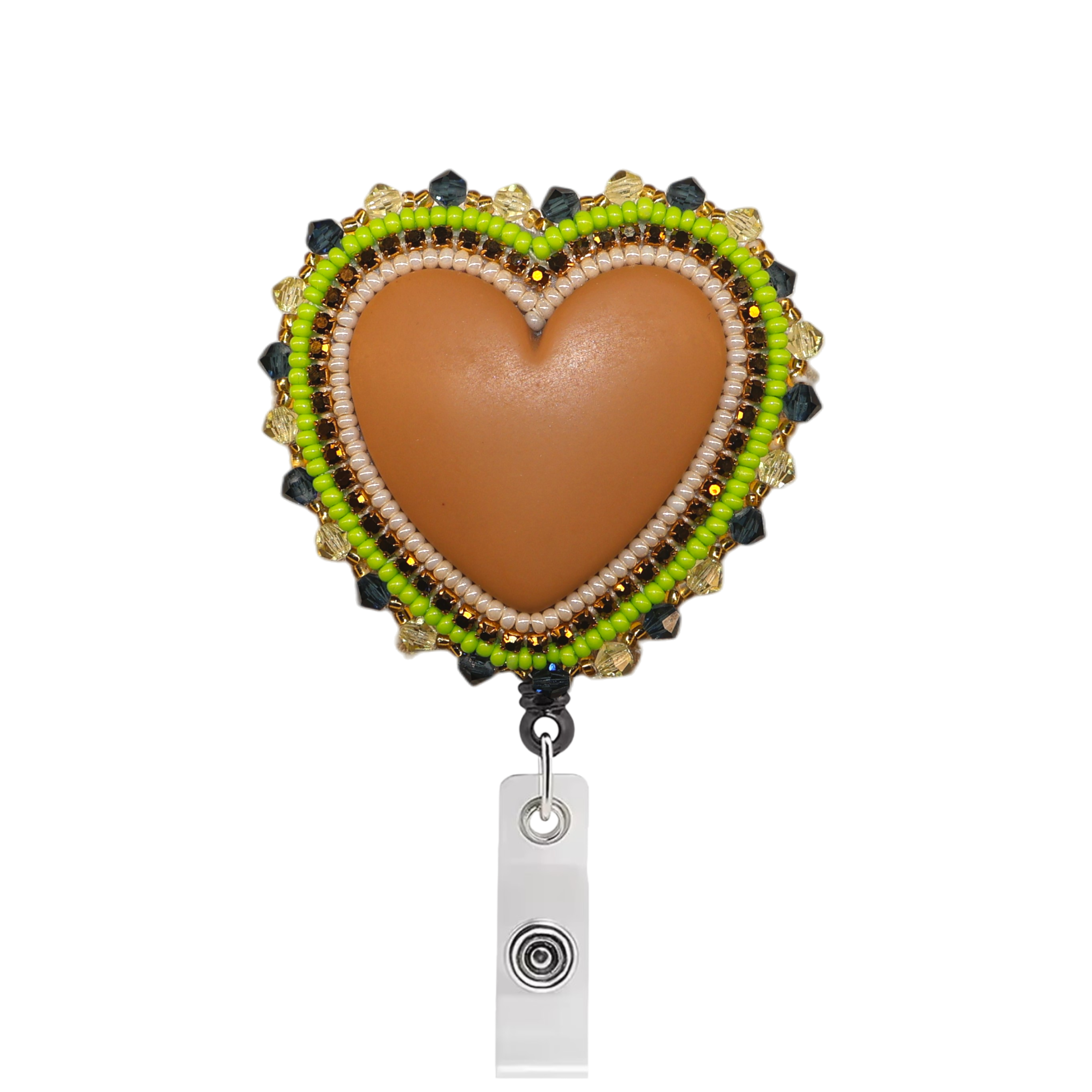A heart-shaped retractable badge reel featuring a tan leather center surrounded by a beaded border of lime green, white, and black beads, with a silver metal clip below.