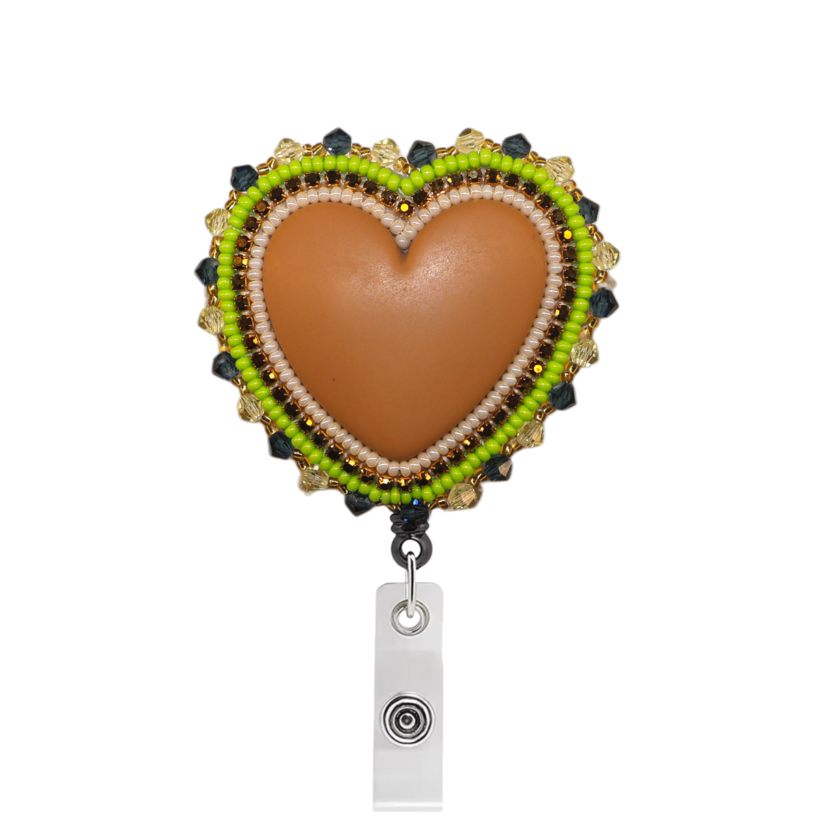 A heart-shaped retractable badge reel featuring a tan leather center surrounded by a beaded border of lime green, white, and black beads, with a silver metal clip below.