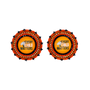 Two circular patchwork earrings on a plain white background. Each earring features a central yellow circle with a black and white bird logo and the text 'EVERY CHILD MATTERS' in black.