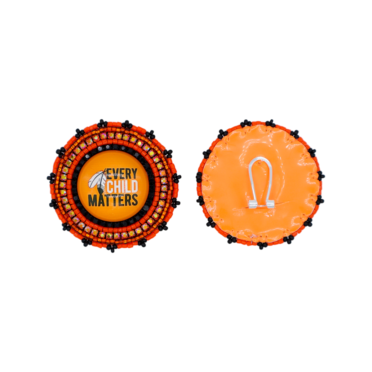 Two circular orange and black novelty patches or stickers shown on a plain white background, one displaying the front with a snake and the text 'EVERY MIND MATTERS' and the other showing the back with a white loop.