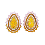 A pair of ornate teardrop-shaped earrings with layered concentric designs in yellow, white, and metallic gold, accented by pink scalloped edges, shown on a plain white background.