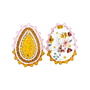 Two decorative teardrop-shaped egg-shaped accessories shown side by side on a plain white background. The left piece is embellished with rows of yellow, orange, and white rhinestones and a pink scalloped border.