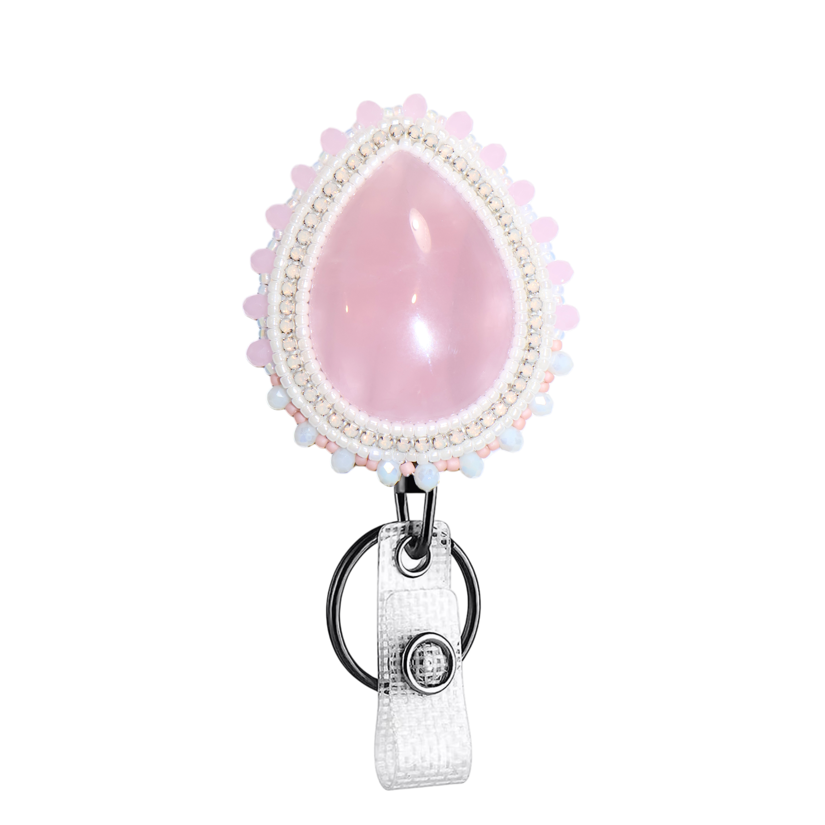 A pink teardrop-shaped Rose Quartz pendant with a scalloped white and pearl border, attached to a silver key ring and white textured strap, shown on a plain white background.