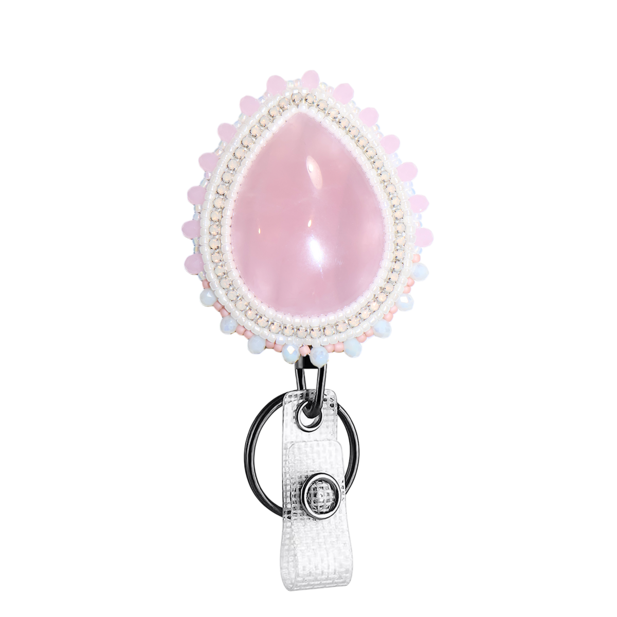 A pink teardrop-shaped Rose Quartz pendant with a scalloped white and pearl border, attached to a silver key ring and white textured strap, shown on a plain white background.