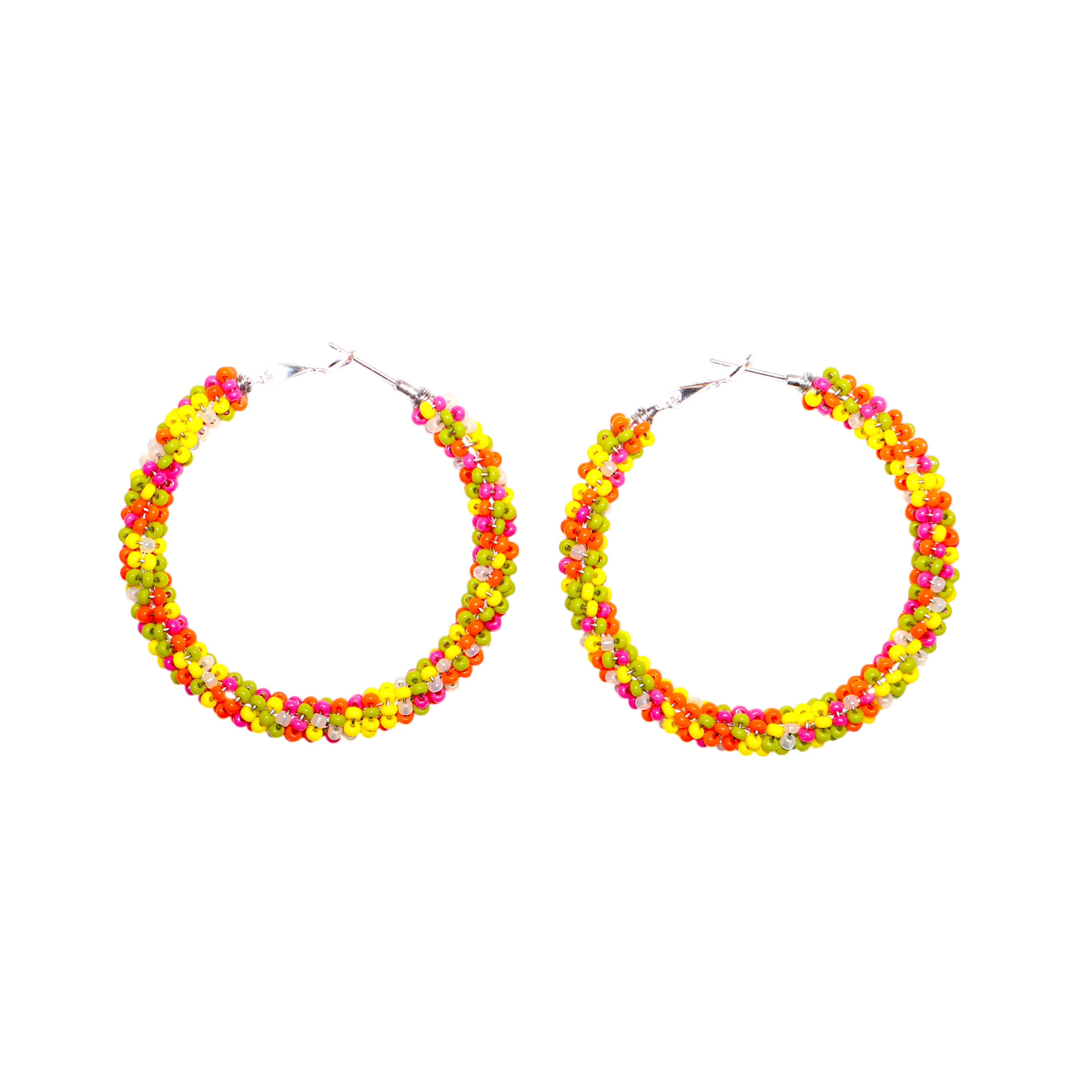A pair of large hoop earrings made from small, tightly packed beads in bright neon pink, yellow, and green, shown against a solid white background.