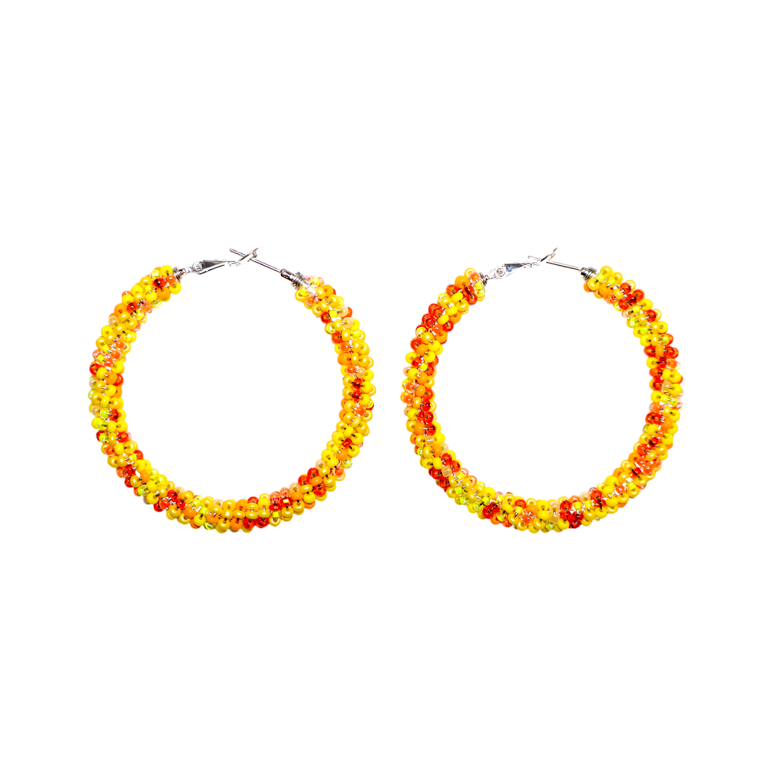 A pair of large hoop earrings made from small yellow and orange beads, shown on a plain white background.