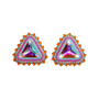 A pair of triangular stud earrings featuring large iridescent rhinestones in the center, surrounded by pink rhinestones and orange accent rhinestones on a white background.