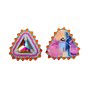 A pair of triangular stud earrings on a plain white background. One earring features a central iridescent triangle surrounded by pink rhinestones and orange crystal accents.