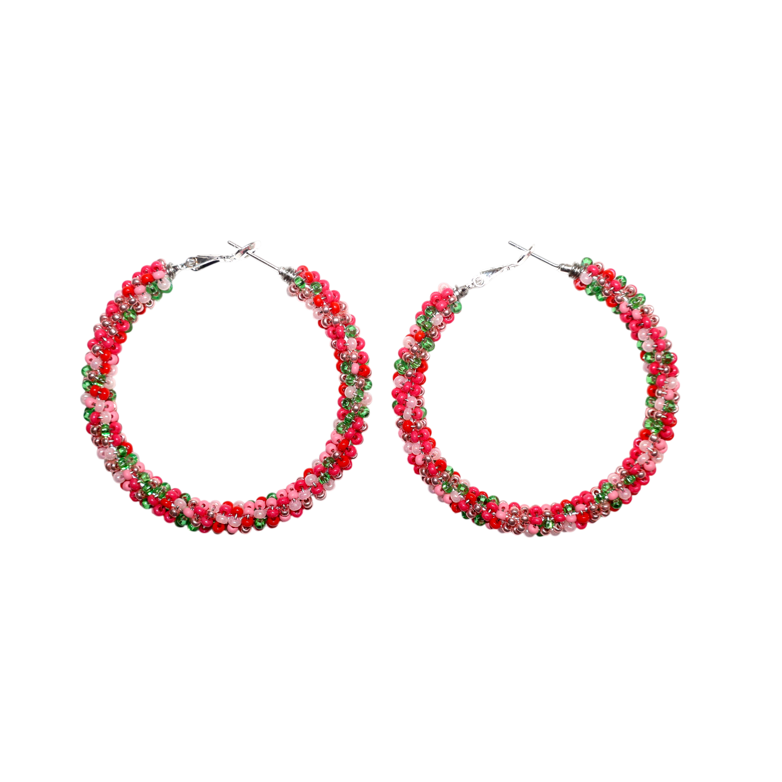 A pair of large hoop earrings decorated with small red and pink flowers and green leaves, attached to silver-tone posts, shown against a plain white background.