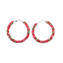 A pair of large hoop earrings decorated with small red and pink flowers and green leaves, attached to silver-tone posts, shown against a plain white background.
