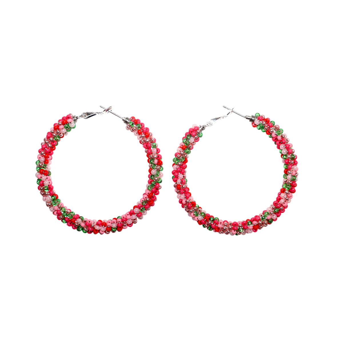 A pair of large hoop earrings decorated with small red and pink flowers and green leaves, attached to silver-tone posts, shown against a plain white background.