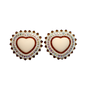 A pair of heart-shaped stud earrings featuring a cream-colored center heart surrounded by a red beaded border and a halo of iridescent rhinestones, set against a plain white background.