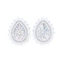 A pair of teardrop-shaped stud earrings with iridescent center stones surrounded by clear rhinestones and a border of white faux pearls, set against a plain white background.