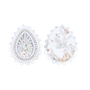 A pair of teardrop-shaped silver earrings with white pearl borders, one decorated with iridescent rhinestones and the other with a white floral print, shown on a plain white background.