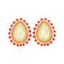 A pair of teardrop-shaped beaded earrings with a white mother-of-pearl center, bordered by yellow, pink, and red beads on a plain white background.