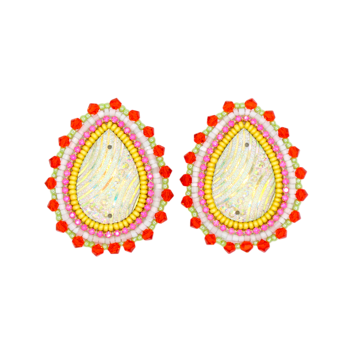 A pair of teardrop-shaped beaded earrings with a white mother-of-pearl center, bordered by yellow, pink, and red beads on a plain white background.