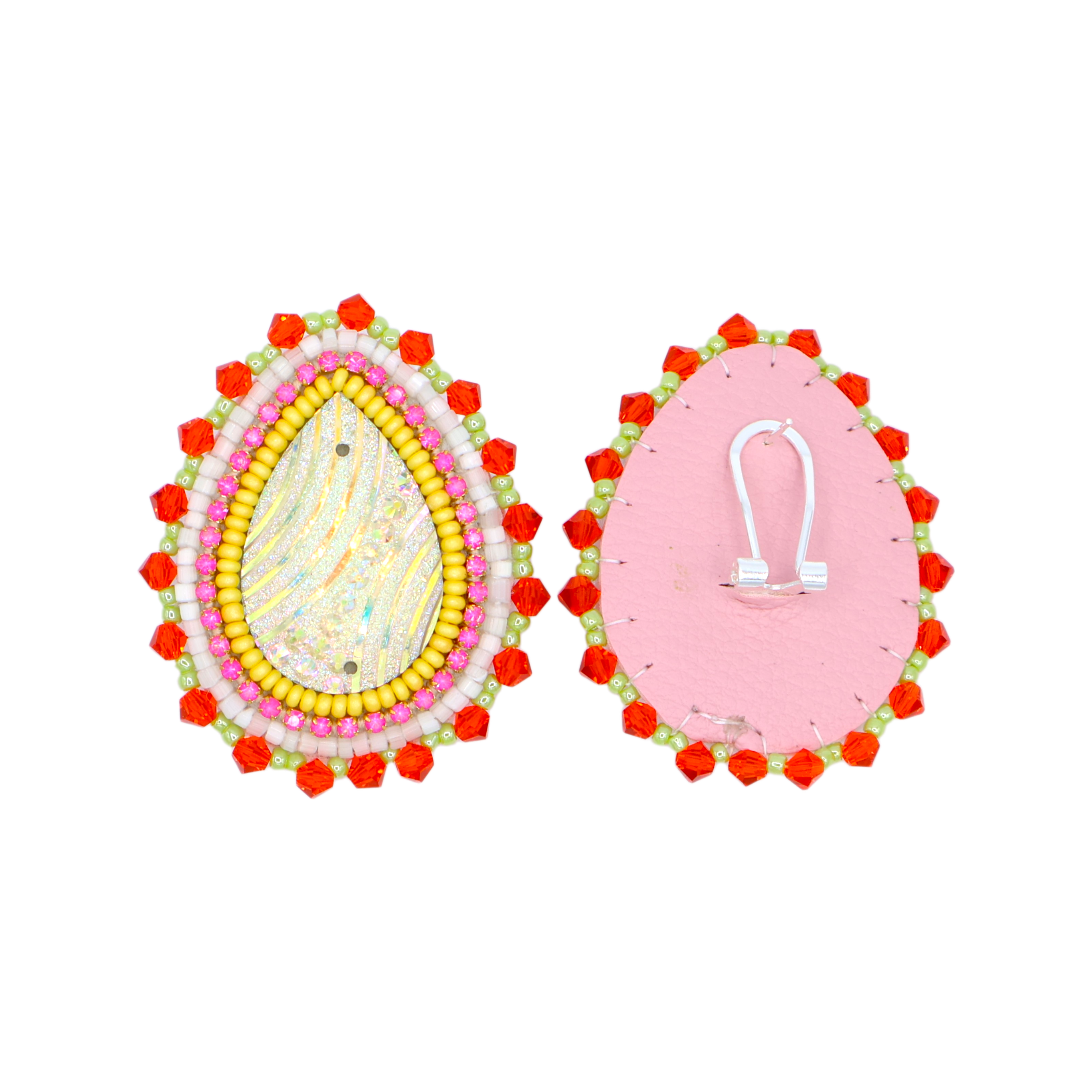 A pair of decorative teardrop-shaped earrings shown front and back on a plain white background. One earring is decorated with a multicolor beaded border and a central gold-toned oval with blue and pink details.