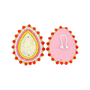 A pair of decorative teardrop-shaped earrings shown front and back on a plain white background. One earring is decorated with a multicolor beaded border and a central gold-toned oval with blue and pink details.