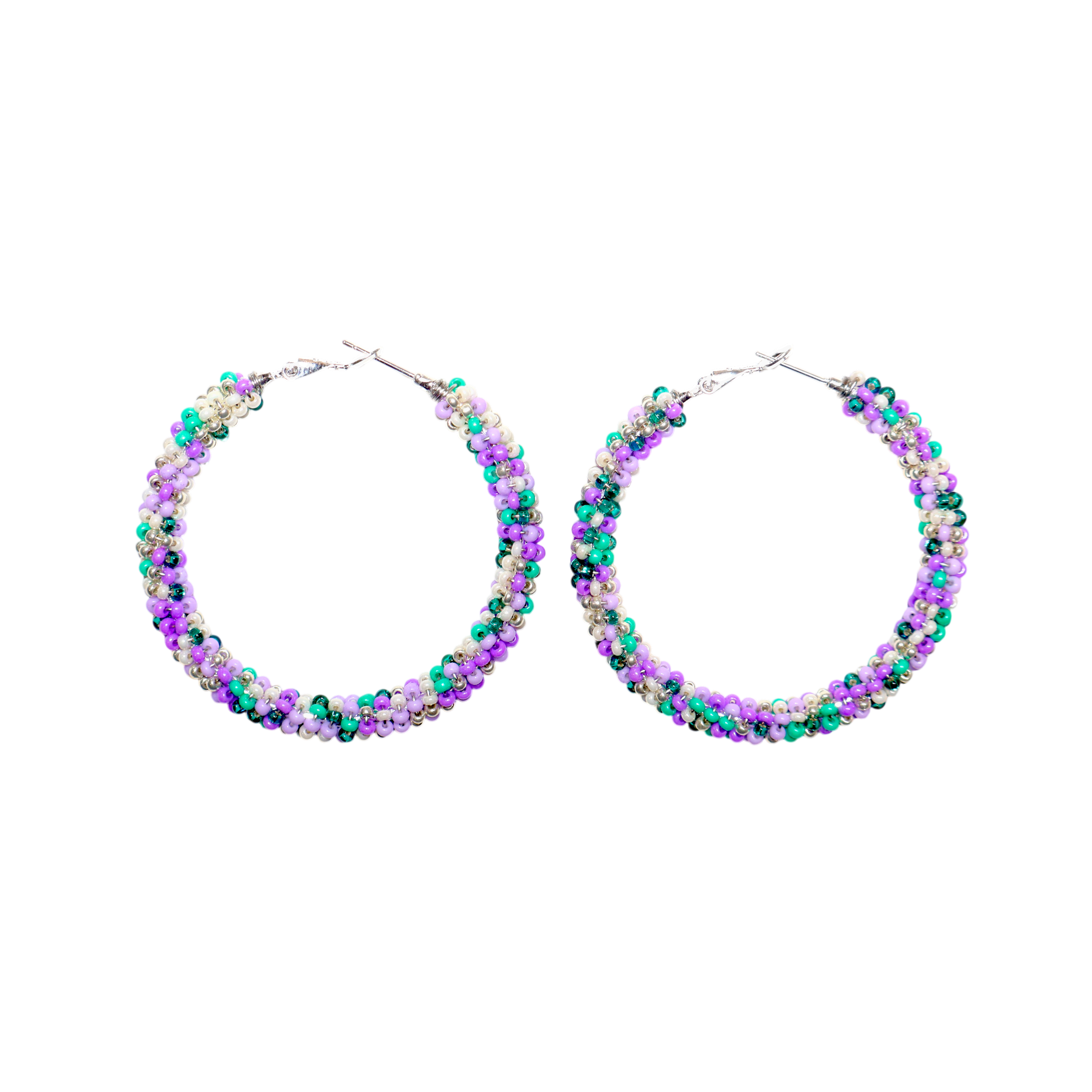 A pair of large silver hoop earrings adorned with small, colorful beads in purple, green, and white, set against a solid white background.