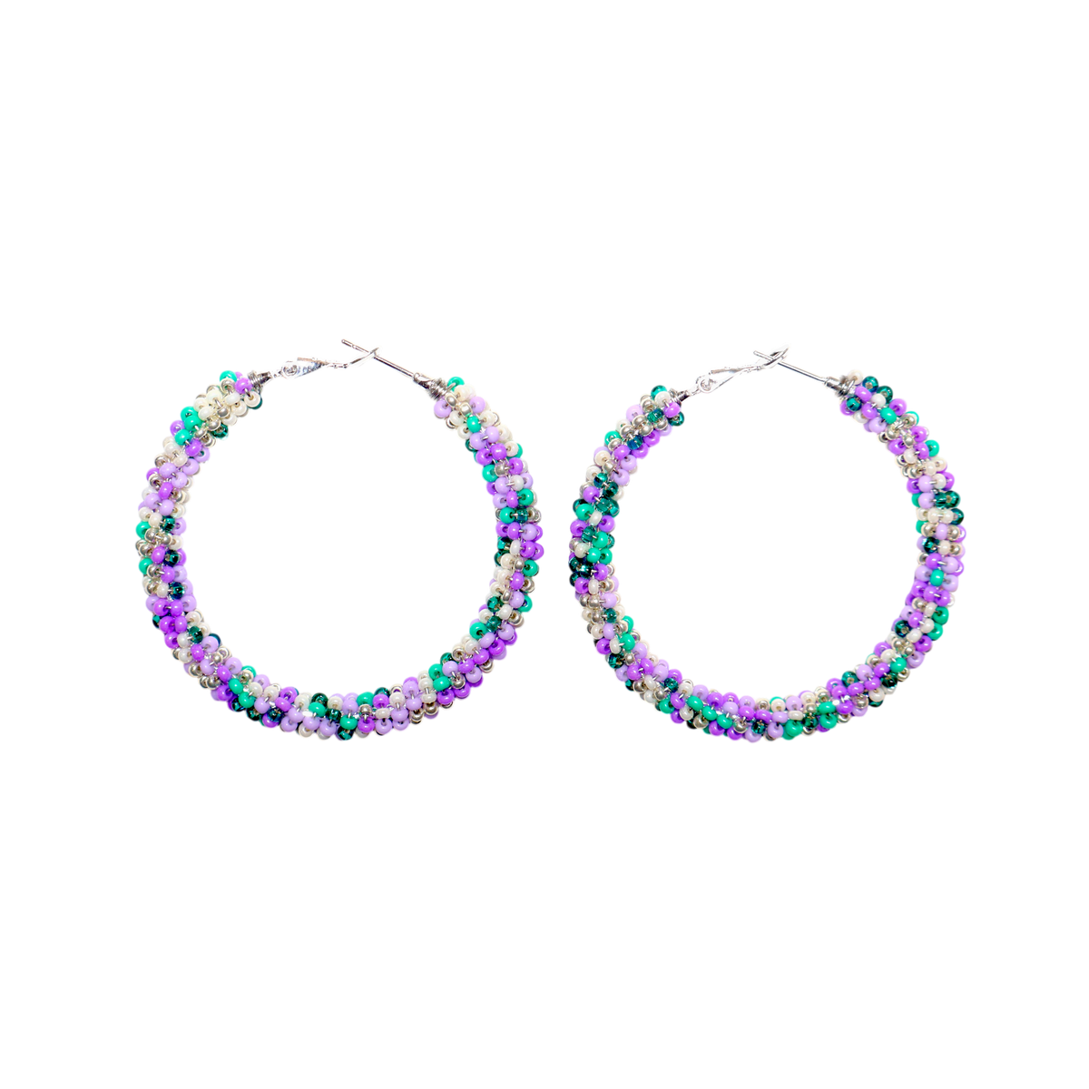 A pair of large silver hoop earrings adorned with small, colorful beads in purple, green, and white, set against a solid white background.