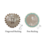 Two round beige embellished discs shown on a white background, labeled 'Fingernail Backing' and 'Post Backing,' with small metal fastening pieces beside each disc.
