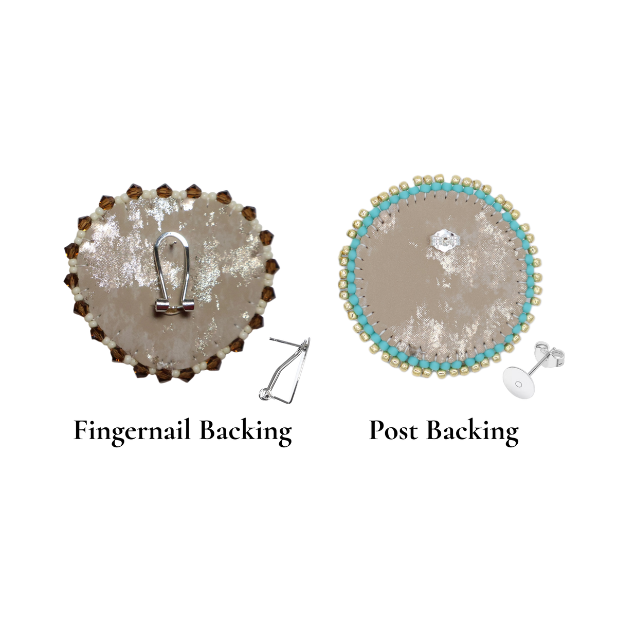 Two round beige embellished discs shown on a white background, labeled 'Fingernail Backing' and 'Post Backing,' with small metal fastening pieces beside each disc.